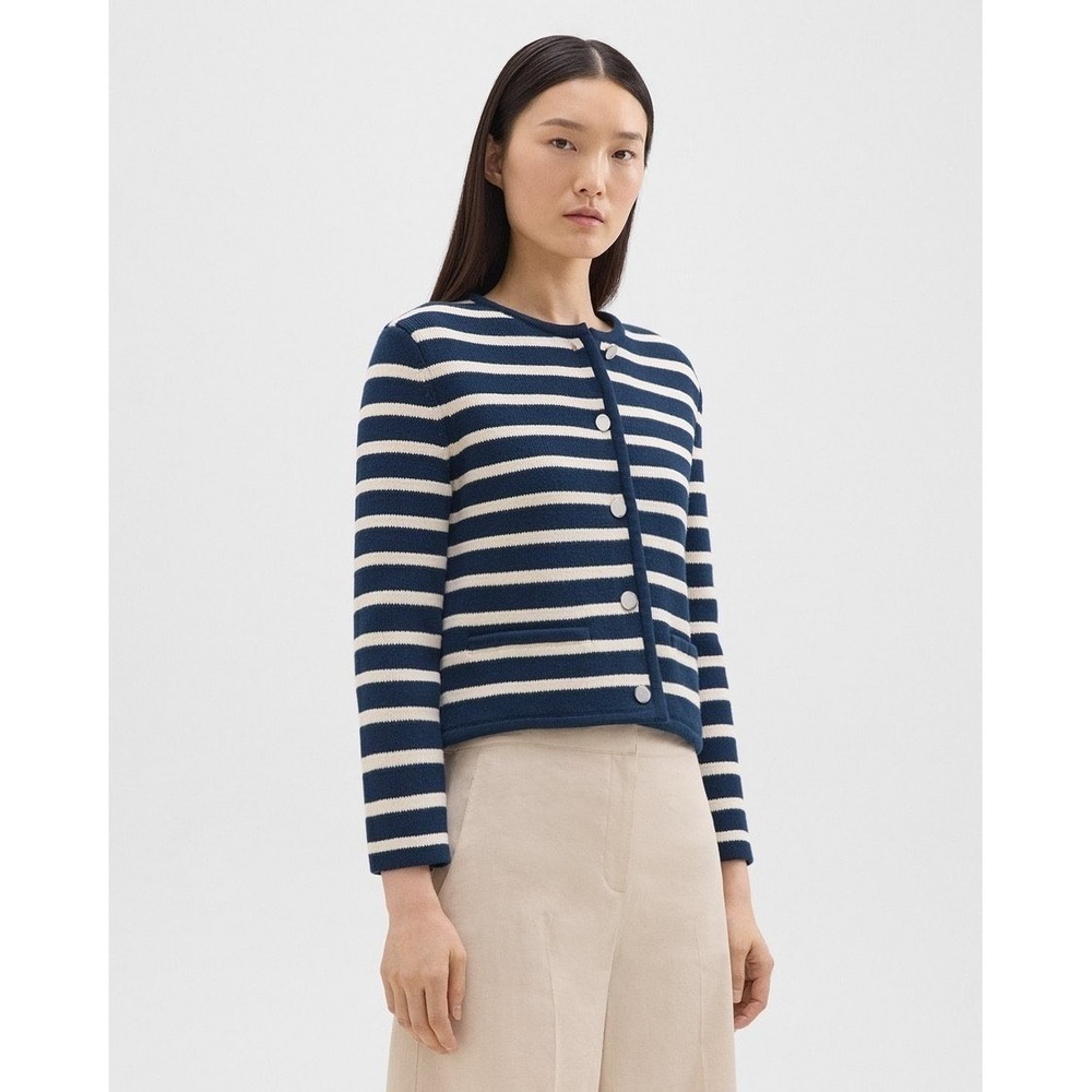 Theory Striped Cropped Jacket in Cotton Bouclé Size M NWOT Pristine - Picture 2 of 11